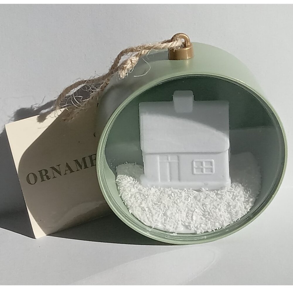 Sage Green Christmas Ornament with House & Snow Design